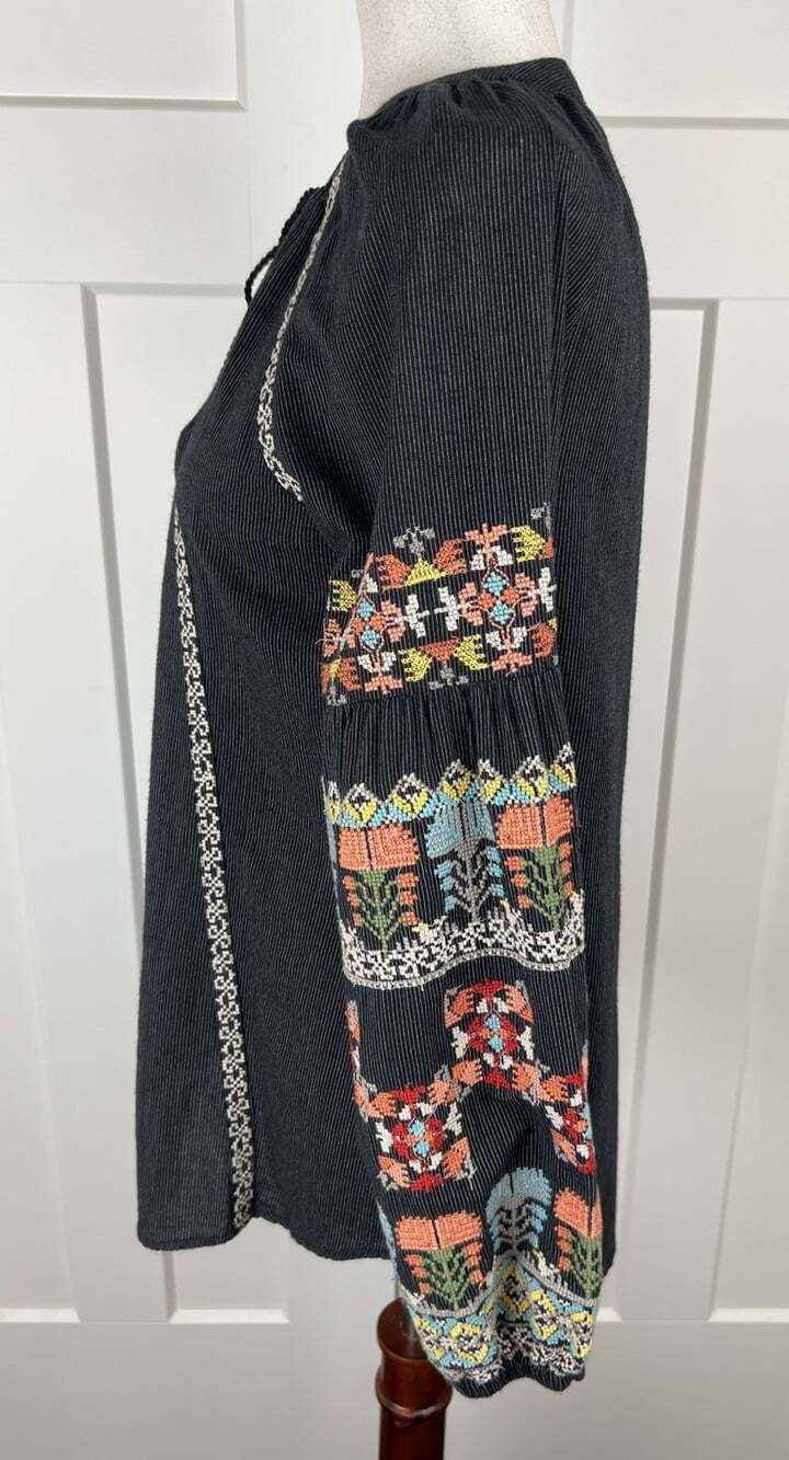 Sundance XS Embroidered Blouse Black Stripe Boho Tassel Balloons Sleeve Cotton - Picture 5 of 10